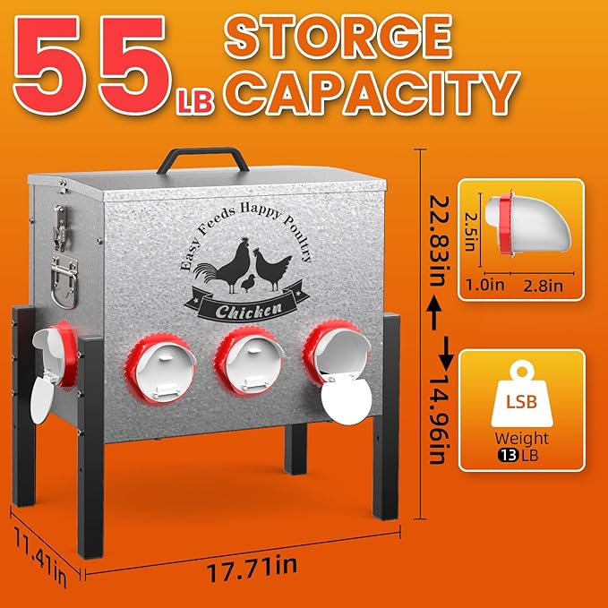 10gal Large Automatic Chicken Feeder - 55LB Capacity 8 Port No Waste Poultry Feeder, Rust-Proof Alloy Steel with Locking Lid & Adjustable Legs for Chickens