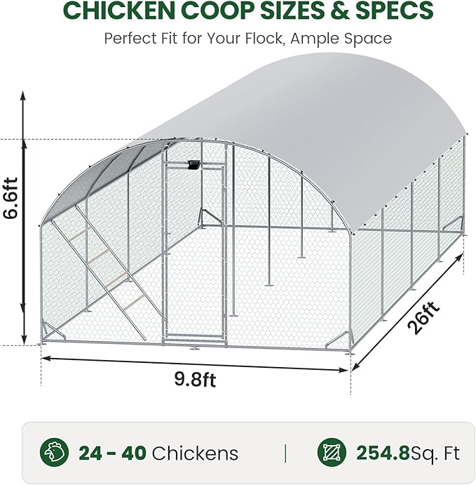 Chicken Coop Large Metal Chicken Run with Full-Top Waterproof Cover - Chicken House for 32/40 Chickens, Poultry Cage with Solar Light, Backside Poles, Walk-in Pen for Rabbits Ducks Yard 4 Room