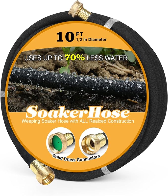 Soaker Hose 10 ft for Garden Beds, Solid Brass Interface Irrigation Save 70% Water Heavy Duty Rubber 1/2" Diameter Great for Gardens/Flower Beds