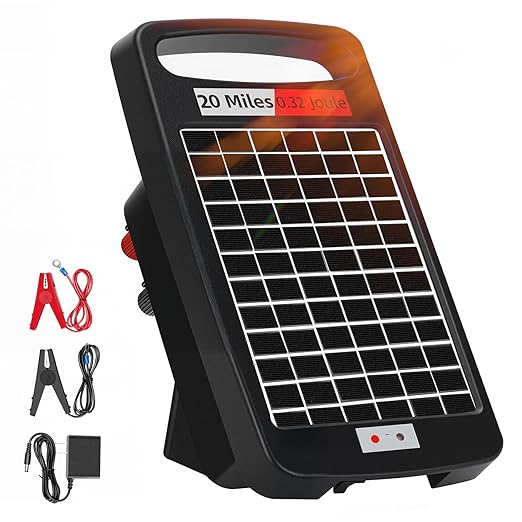 20 Miles Solar Electric Fence Charger,Output 0.32J Electric Fence Charger,24-Hour Uninterrupted Protection Solar Fence Charger,Solar Fence Energizerr That can Work for 14 Days Without Sunlight