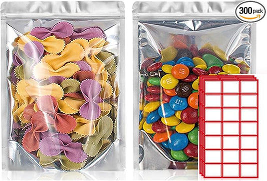 BELLE KR® Pint Mylar Bags for Food Storage - Pack Of 300-5x8-7.5mil Thick - Gusseted Bottom Clear Front Mylar Bags for Freeze Dryer - Labels Included