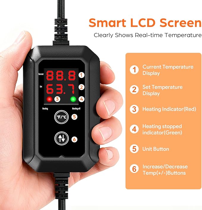 Heated Chicken Waterer with Smart LCD Screen, Chicken Water Heater for Under 6 Gallons Waterer, Thermostatic Control & Prevent Water Freezing, Fast Heating Water for Chickens, Ducks, Geese in Winter