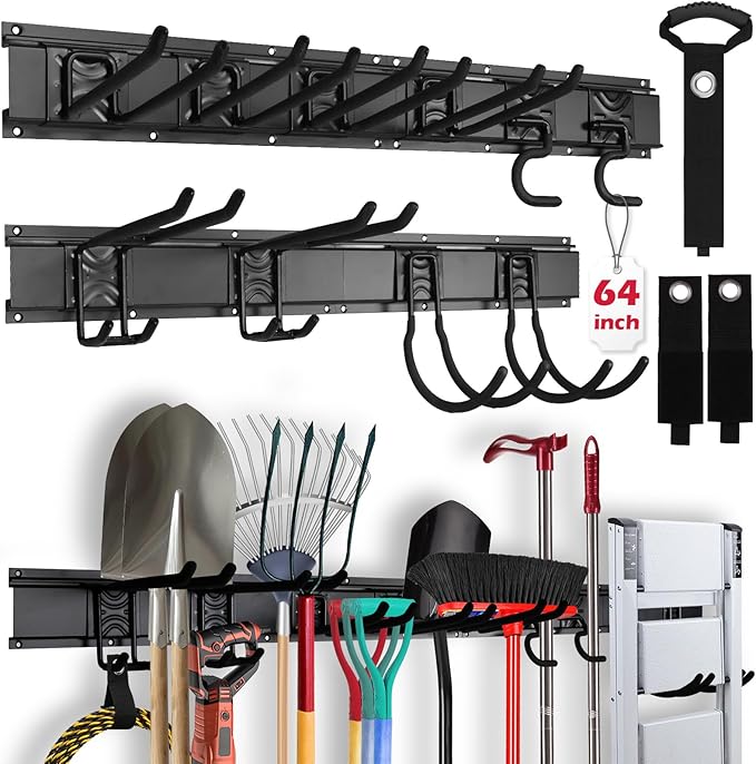 SEDY 64" Heavy Duty Garage Storage Tool Organizer Wall Mount - Tool Rack with Adjustable Hooks, Anti-Rust, 300lbs Capacity - Easy Installation (4 Racks, 10 Hooks, 3 Straps)