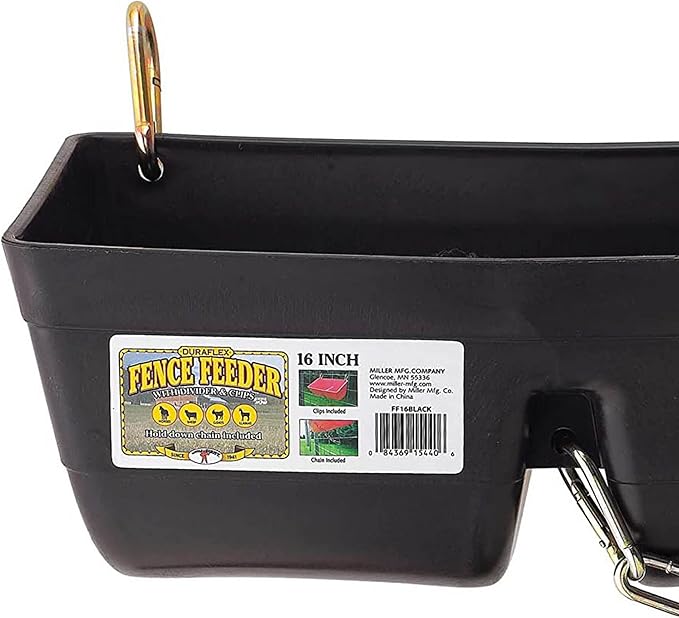 Little Giant FF16BLACK 9 Quart Heavy Duty Plastic Feed Trough Bucket Fence Feeder with Clips for Livestock & Pets, Black (2 Pack)