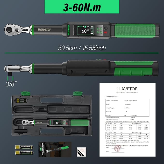 Digital Torque Wrench 3/8, 2.2-44.3 Ft-lbs/3-60 N.m, ±2％ Torque Wrench with Buzzer & LED Indicator for Automotive Motorcycle & Bicycle