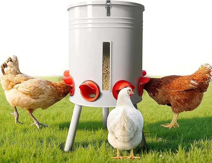 KOL 50 LB Large Free Standing Chicken Feeder, Portable Gravity Chicken Feeder Automatic, Dispenser, 8 Feeding Ports Poultry Feeder for Chicken Rooster & Hen (Jade White)