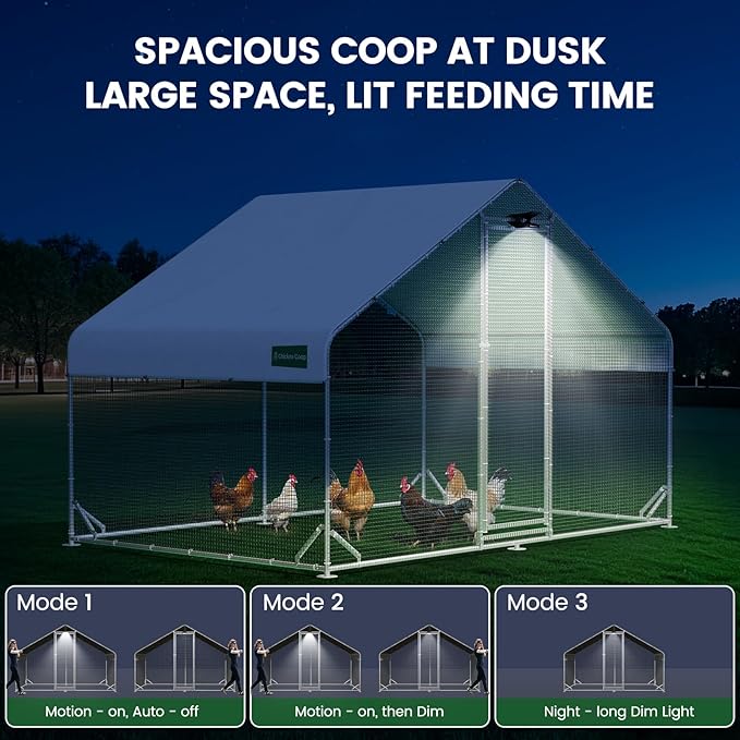 Large Walk-in Metal Chicken Coop with Chicken Run & Hardware Cloth, Solar Light, Waterproof & UV-Resistant Cover, Outdoor Poultry Cage for Farm Use