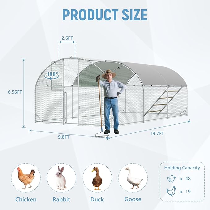 Large Chicken Coop 10x20x6.5FT, Metal Chicken Run for Yard with Feeding Door,Round Top Walk-in Chicken Pen,Outdoor Poultry Cage with Anti-UV Cover,Rabbit Duck House