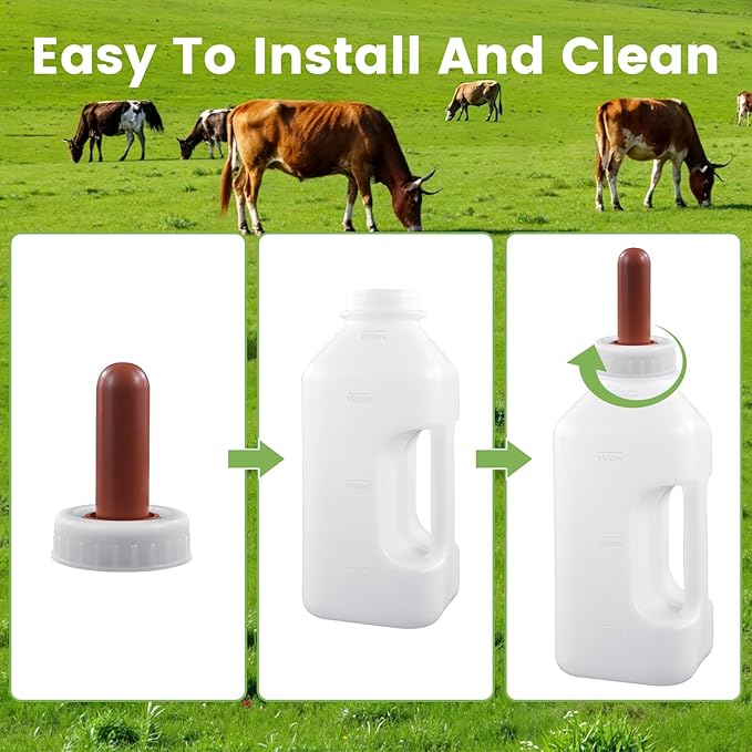 Livestock Bottle Feeding Kit, 2L Calf Milk Feeder with 3 Silicone Nipples, White, BPA-Free Plastic Bottle with Slow Flow Design for Farm Animals