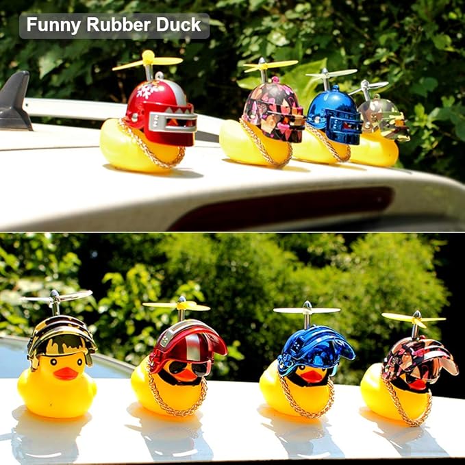wonuu Rubber Duck Toy Car Ornaments Yellow Duck Car Dashboard Decorations Squeeze Duck Bicycle Horns with Propeller Helmet