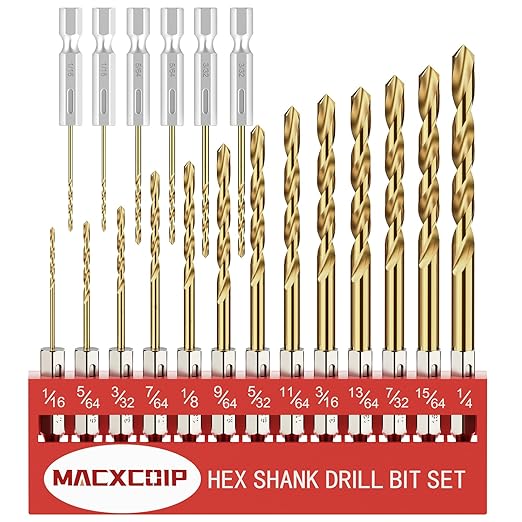 Hex Shank Drill Bit Set, 19Pcs Titanium Twist Drill Bit for Sheet Metal, Wood, Plastic, Quick Change Design (1/16" - 1/4")