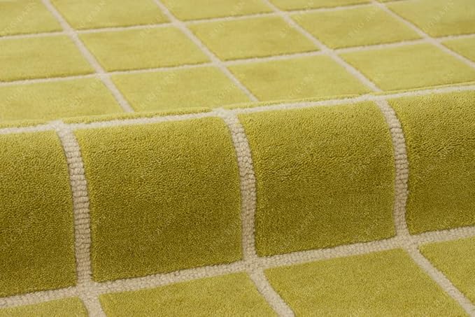 Checkered Wool Area Rug with Scalloped Border, Chartreuse Green & Cream Grid, Hand-Tufted, Soft Cut Pile, Modern Cottagecore Living Room, Bedroom & Nursery Carpet - 2.5x11 Ft (Runner)