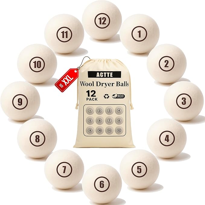 Wool Dryer Balls Laundry, XXL(3.1") 12 Pack, Premium Fabric Softener Ball, Reusable, Anti Static, Chemical Free Natural Wool Balls for Dryer, Laundry Dryer Balls – 100% New Zealand Wool