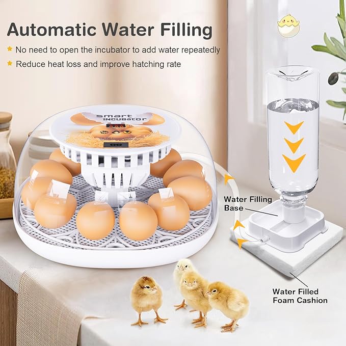 Incubators for Hatching Eggs, 12 Egg Incubator with Automatic Turning and Temperature Control, Automatic Water Adding, LED Egg Candler, for Hatching Chickens, Duck, Quail, Goose Eggs
