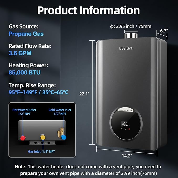 Propane Gas Tankless Water Heater, Indoor Max 3.6 GPM, 85,000 BTU On Demand Instant Hot Water Heater Propane Gas with LED Temperature Control Panel, 1/2" NPT Connector Size, CSA Certified, Gray