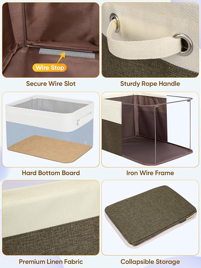 BALEINE 2 Pack Fabric Storage Bins for Shelves, Linen Storage Baskets for Organizing, Decorative Closet Bins for Clothes, Home (Brown, 17''x13''x10.5'')