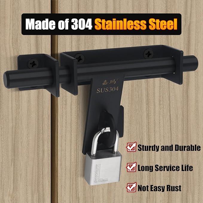 Heavy Duty Barrel Bolts Safety Door Lock, 6.7 Inch Slide Bolt Gate Latch with Padlock Hole,Solid SUS304 Stainless Steel Barrel Bolt Latch for Wooden Fence, Yard Door, Barn Door, Shed Door, Interior