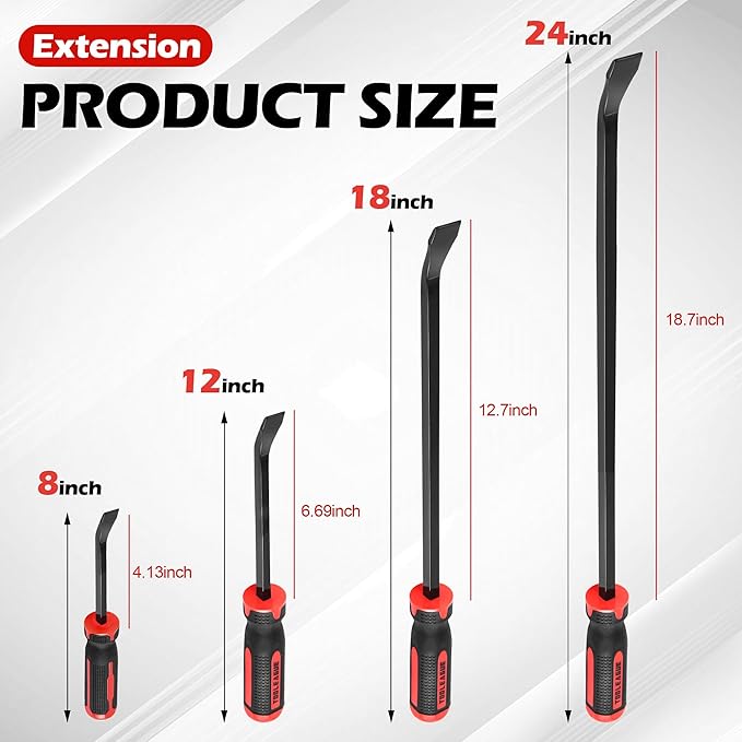 TOOLEAGUE Utility 4Pcs Pry Bar Set,8",12",18",24" Mechanic Hand Tools with Thicker Strike Cap Handle,Heavy Duty Pry Bar Tools for Automotive,Black and Red