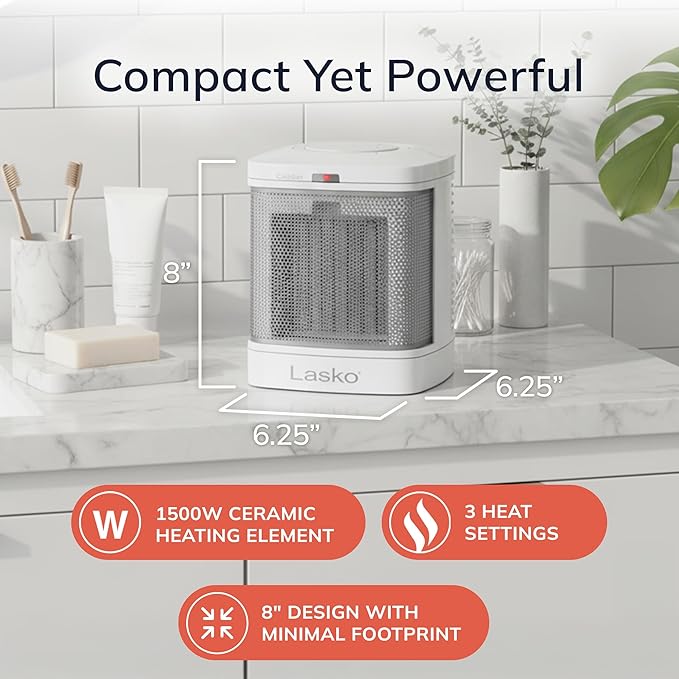 Lasko Portable Electric Ceramic Space Heater with ALCI Plug for Bathroom Use, 2 Heat Settings and Simple Heat Button, 8 Inches, White, 1500W, CD08200