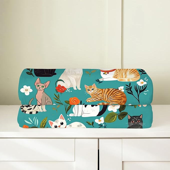 Cat Blanket, Cats Throw Blanket, Floral Gifts Blankets Stuff Fleece Flannel Plush for Girls Women Men Boys Lovers Adults Soft Bedding Gift for Sofa Bed Office Home Decor 40"X50"