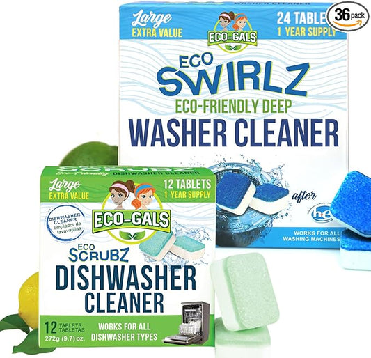 Eco Swirlz Washing Machine Cleaner with Bonus Eco Scrubz Dishwasher Cleaner Add On 36 Count Deep Cleaning Tablets