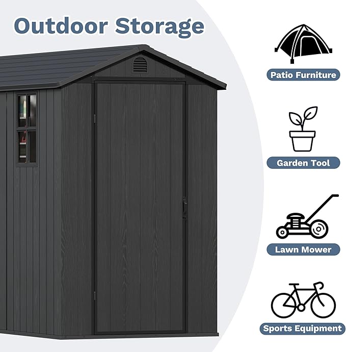 Devoko 4×8 FT Resin Outdoor Storage Shed, Garden Shed with Floor, Lockable Door and Two Windows, Waterproof Outside Plastic shed for Backyard Bike, Tools, Lawn Mower, Dark Grey
