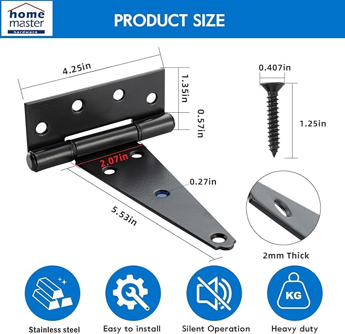 HOME MASTER HARDWARE 6 Inch T-Strap Heavy Duty Shed Door Hinges, Black Stainless Steel Heavy Duty Gate Hinges Tee Hinge for Wooden Fences,Yard Door, Barn Door Gates, Rustproof Wrought with Screws, 4 P