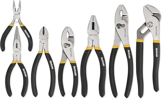 HURRICANE 7 Pieces Pliers Set, 8 inch Groove Joint Pliers, 8 inch Slip Joint, 7‘’ Linesman, 6‘’ Slip Joint, 6‘’ Diagonal, 6‘’ Long Nose, Mini Long Nose, for DIY & Home Use
