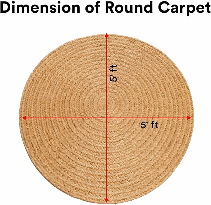 Handwoven Jute Braided Round Rug – 5 Feet | Natural, Reversible, Stain-Resistant | Farmhouse Boho Area Rug for Living Room, Entryway, Bedroom