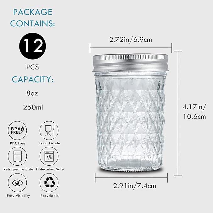 YEBODA 12 Pack 8 oz Mason Jars with Airtight Lids and Bands Glass Canning Jars Ideal for Preserving, Jam, Honey, Jelly, Wedding Favors, Shower Favors, Sauces, DIY Spice Jars, Salad