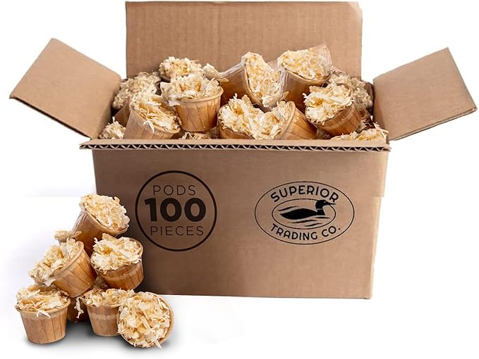 Superior Trading Fire Starter Pods in Carton Box - Fire Starters for Campfires, BBQ, Grill, Pit, Wood Stove & Charcoal Starter, 15-20-Min Burn, 100 Extra Large Pods, USA-Made, Brown