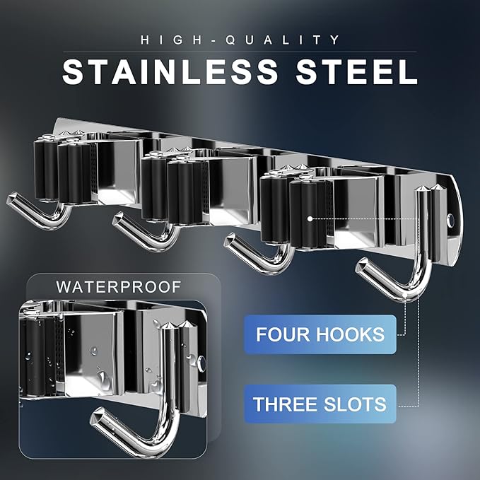 ZONGOOL Mop Broom Holder Wall Mount, Broom Organizer Mop and Broom Storage Tool Racks Stainless Steel Wall Hanger for Home Kitchen Garden Laundry Garage (3 Racks with 4 Hooks, Silver)