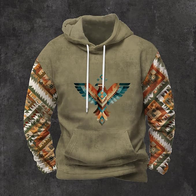 Mens Hooded Sweatshirt Vintage American Element Long Sleeve Fall Hoodie Classic Drawstring Front Pocket Pullover