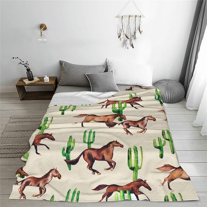 Horse Blanket Horses Throw Blanket Soft Fleece Flannel Bedding Horses Cactus Gifts for Men Boys Women Girls Lovers Adults Stuff Plush for Couch Sofa Bed Room Decor 60"X80"