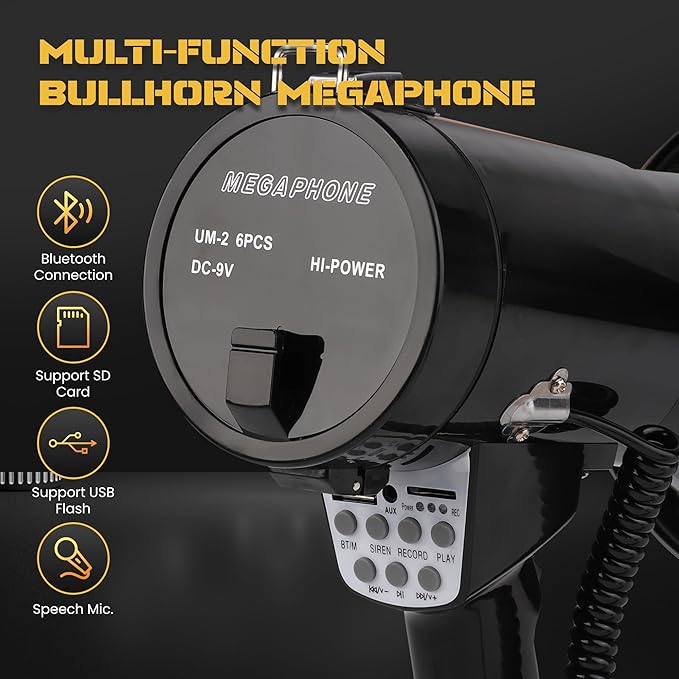 50W Bluetooth Megaphone Bullhorn with Rechargeable Battery-Professional Mega Phone with Siren&240s Recording Supports USB/TF/3.5mm Aux Input-1600 Feet Range for Sports Emergency Outdoor Activities