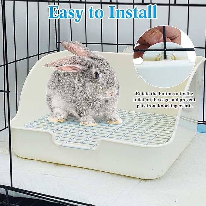 kathson Rabbit Litter Box with Grid-Small Animal Litter Pan for Cage with Automatic Water Bottle Broom- Corner Bunny Potty Training Toilet for Ferret Guinea Pig Hamster Hedgehog (White)
