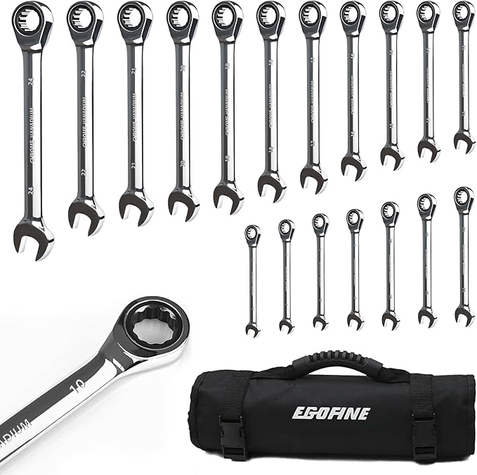 Egofine Wrench Set, 6 mm - 24 mm Metric Ratcheting Wrench Set 18pc, 72 Teeth Combination Wrenches Set, Chrome Vanadium Steel with a Roll Up Storage Bag