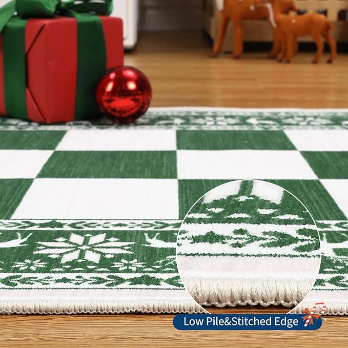 GarveeHome Green 2x6 Runner Rug, Washable Rug for Christmas Decor, Indoor Non Slip Carpet, Checkered Soft Low Pile Christmas Rugs for Kitchen, Entryway, Living Room, Bedroom