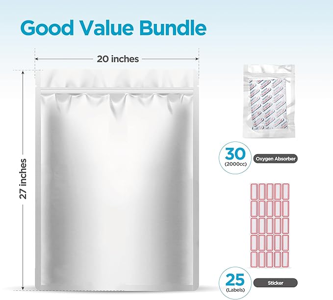 BELLE KR® 30 Pcs 5 Gallon Mylar Bags With Oxygen Absorbers - Perfect Size for Bucket - 11 Mil Thick - With Sticker Labels and Closure Clip - Smell Proof, Zipper Closure Heat Resealable Large Mylar Bag