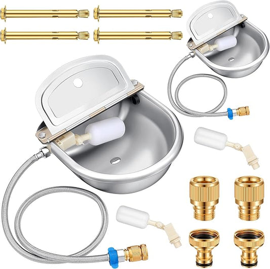 Bokon 2 Sets Automatic Animal Drinking Water Bowl, 304 Stainless Steel Waterer for Dog Cattle Goat Pig, Livestock Water Trough Dispenser with Pipe Hose, 4 Float Valves, Quick Connecter, Expansion Bolt