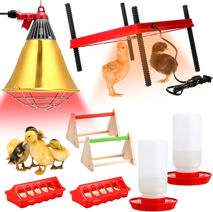 Retisee 8 Pack Winter Chick Heater Brooder Kit Including 12" x 12" Heat Plate 150w Chicken Infrared Red Heat Lamp Feeder and Waterer Kit Perch Flip Top Poultry Feeder for Newborn Livestock Duck Warm