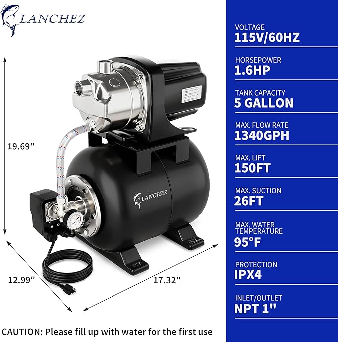 LANCHEZ 1.6HP Shallow Well Pump with Pressure Tank, 1340GPH Automatic Irrigation Water Booster Jet Pump, 115V Stainless Steel Water Transfer Pump for Home Garden Lawn Sprinkler Irrigation