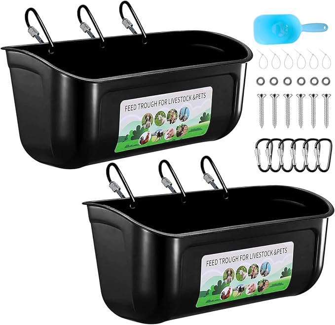 2 Pack Large Goat Feeder, Duck Chicken Feeder Waterer, Hanging Fence Feed Trough with Clips for Goat, Sheeple, Piglet, Gooses, Turkeys, Dog Livestock Poultry, Feed Scoop Included, Black