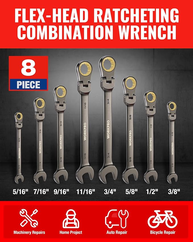 WORKPRO 8-piece Flex-Head Ratcheting Combination Wrench Set, SAE 5/16-3/4 in, 72-Teeth, CR-V Constructed, Nickel Plating with Organizer Bag