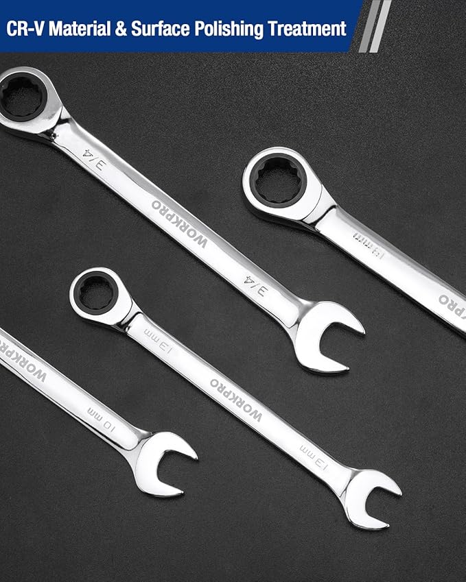 WORKPRO 9/16" Ratcheting Combination Wrench SAE, CR-V Constructed with Mirror Polish Chrome Plating, 12-Point Design, 15-Degree Offset