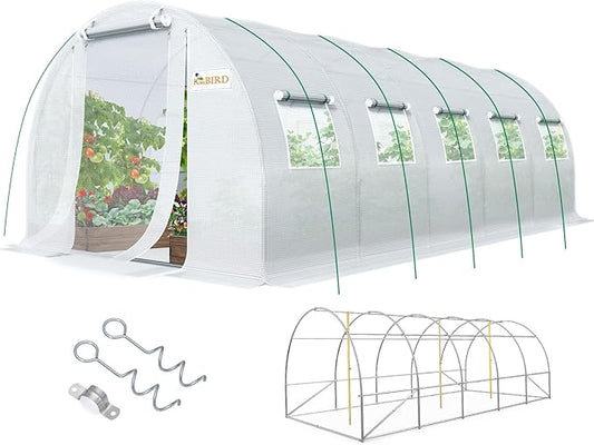 KING BIRD Premium 25x10x6.6FT Greenhouse for Outdoors, Large Walk-in Upgraded Galvanized Metal Frame, Mesh Door Screen Window Improved Zipper Tunnel Hoop for Garden Plant Winter, 2 Stiffeners, White