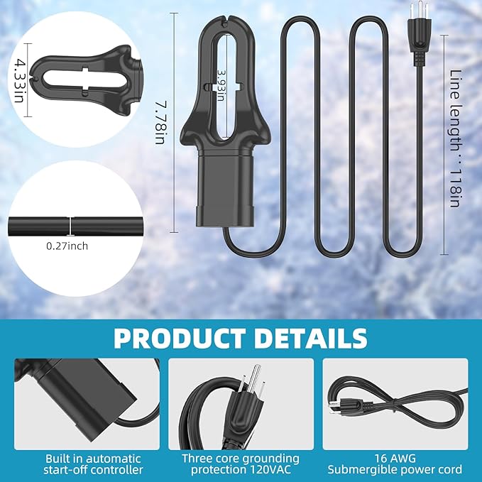 500W Upgraded De-Icer Submersible Birdbath Heater with Black Teflon Coating, Integral Cast Aluminum for Poultry, Livestock, Birds, and Wildlife, Winter Use Indoors and Outdoors, 9.84FT Cord