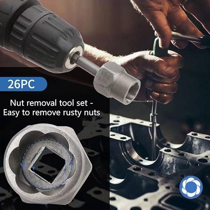 Heavy Duty Bolt Extractor Nut Removal Set 26 Tool Alloy Steel Construction Hexagonal Shank Adapter Precise Drill Bit Included Extraction Adapter