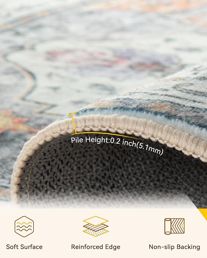 Area Rugs 2'x4' Washable Non-Slip, Floral Vintage Distress Print Pattern Medallion Carpet for Living Room Bedroom Dining Room, Light Yellow Carbon Grey Orange