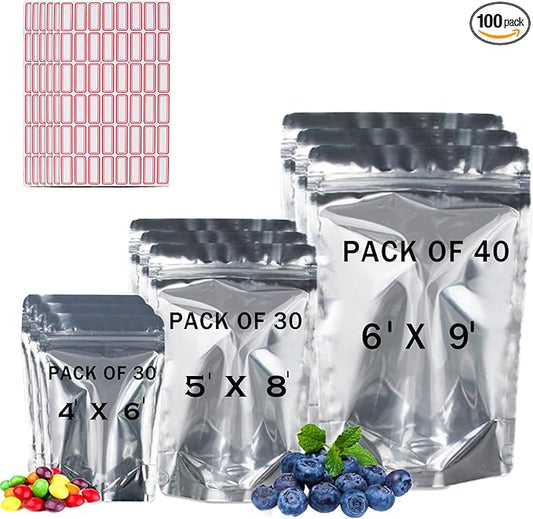 BELLE KR® Mylar Bags for Food Storage- Pack Of 100 (30 Pieces 4"x6" and 5"x8" and 40 Pieces 6"x9") Resealable Mylar Ziplock Bag with 7.5mil Thickness with Labels
